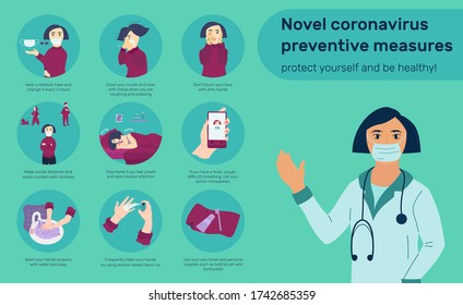 Novel coronavirus prevention measures poster or banner with doctor showing medical recommendations how to protect yourself from covid.Female character use cautions. Flat or cartoon vector illustration