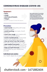 Novel coronavirus SARS-CoV-2 healthcare and medicine infographic elements, symptoms and prescriptions. COVID-19 Virus outbreak spread. Pneumonia disease. Infected woman illustration. 