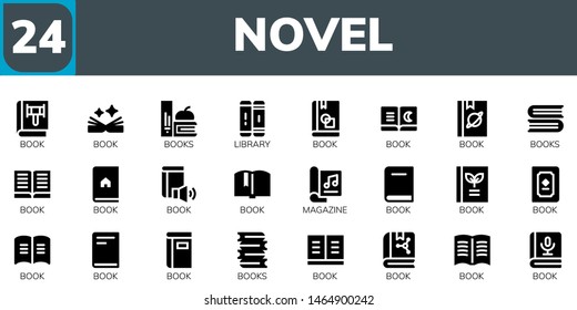 novel icon set. 24 filled novel icons.  Simple modern icons about  - Book, Books, Library, Magazine