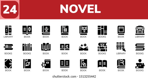 novel icon set. 24 filled novel icons.  Simple modern icons about  - Library, Book, Books