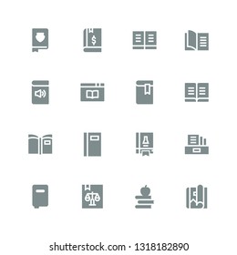 novel icon set. Collection of 16 filled novel icons included Magazine, Books, Book, Literature, Science book
