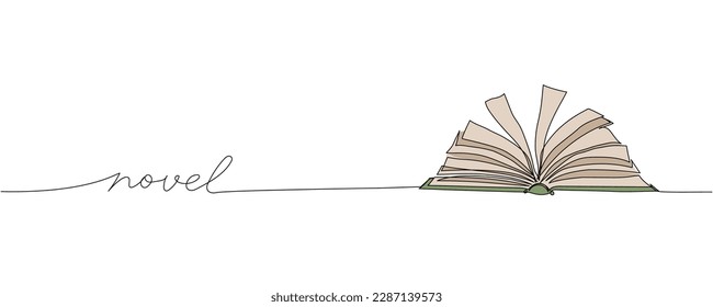 Novel one line colored art. Continuous line color drawing of book, library, love story, study, learn, reading with an inscription, lettering, handwritten.