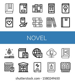 novel simple icons set. Contains such icons as Book, Romantic novel, Books, Design book, Booking, Library, Encyclopedia, can be used for web, mobile and logo
