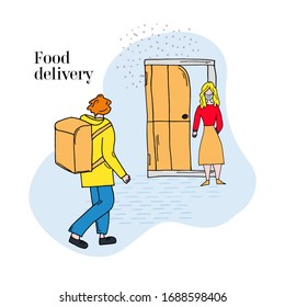 Novel virus 2019-nCoV. Delivery of food. The courier delivers products ordered online directly to the door. Help with coronavirus. Vector concept