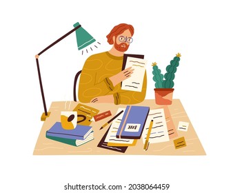 Novel writer at desk with books and papers. Creative author sitting at table and writing. Editor in glasses working with literature at workplace. Flat vector illustration isolated on white background