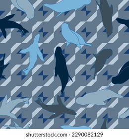 Novelty nautical seamless Japanese sea lion repeat pattern. Sea lion silhouettes on geometric background. Perfect for textile, wallpaper, fabrics. 