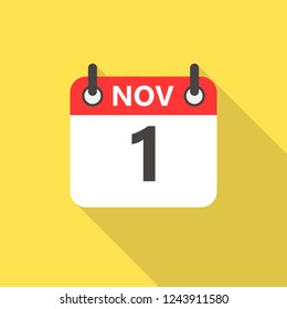 November the 1 calendar flat style icon with long shadow.