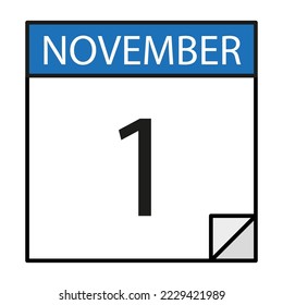 November 1 calendar sheet. Diary calendar. Calendar reminder. Vector illustration. stock image. 
