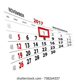 November 1, highlighted on 2017 calendar. Week starts from Sunday. Vector Illustration.