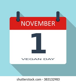 November 1. Vegan day. Vector flat daily calendar icon. Date and time, month. Holiday. Modern simple sign template for web site and mobile app illustration.
