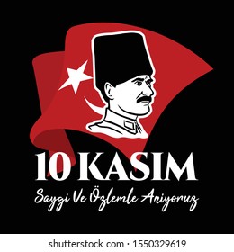 November 10, 1938: 10 Kasim, Death Day Anniversary. Turkey text: Saygıyla ve özlemle anıyoruz. Translation: We remember with respect and longing. Vector Illustration.