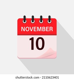 November 10, Calendar icon with shadow. Day, month. Flat vector illustration.