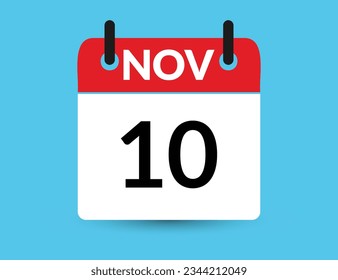 10 de noviembre. Calendario de icono plano aislado en fondo azul. Ilustración vectorial de fecha y mes