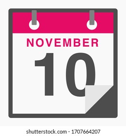 November 10th Flat icon calendar isolated on white background. Vector illustration
