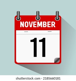 11 de noviembre, ilustración vectorial de icono de calendario, aislada en fondo azul claro.