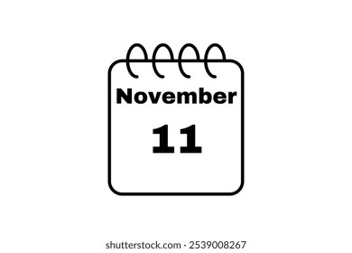 November - 11 Calendar Icon. Calendar Icon with white background. Flat style. Date, day and month.