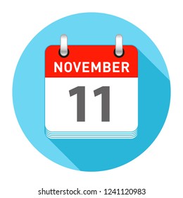 November 11 Date on a Single Day Calendar in Flat Style with long flat shadow on a blue background