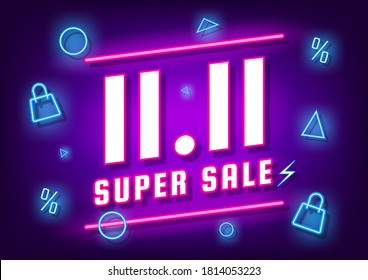 November 11 super sale shopping day neon sign background for poster, web banner, landing page, poster, flyer, promotional material.