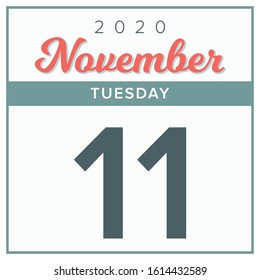 November 11th, 2020. Calendar day icon. Red and grey color.