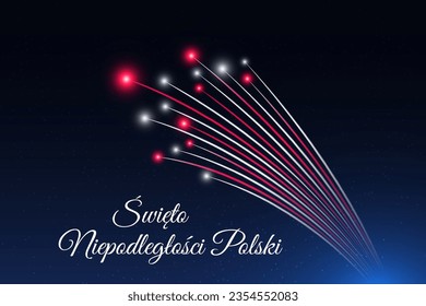 November 11th, poland independence day, Polish fireworks flag on blue night sky background. Poland national holiday. Greeting card. Vector. Translation: November 11th Independence Day