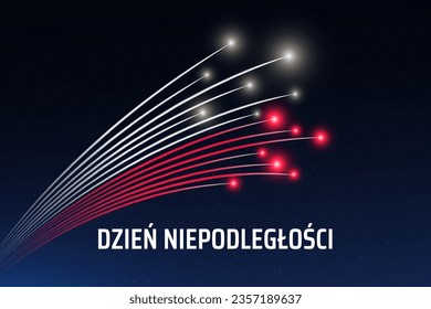 November 11th, poland independence day, Polish fireworks flag on blue night sky background. Poland national holiday november 11th. Greeting card. Vector. Translation: Independence Day