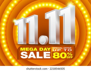 November 11th Sale Template with 3D text number 11.11 on orange LED Spotlight LED background. Offer campaign up to 80% off. Design for Ads. social media online shopping.