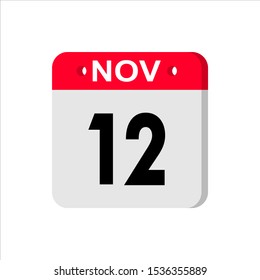 November 12 - Calendar Icon with shadow. Flat style. Date, day and month. Reminder. Vector illustration. Organizer application, app symbol. Ui. User interface sign.