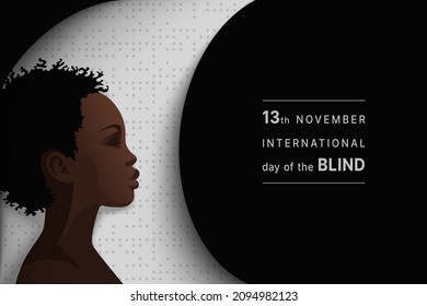 13 de noviembre Día Internacional de los Antecedentes Ciegos. Cabeza de mujer negra cubierta de papel con ojos cerrados en un patrón de alfabeto braille. Ilustración del vector