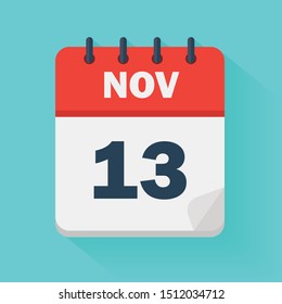 November 13th. Daily calendar icon in vector format.  Date, time, day, month. Holidays