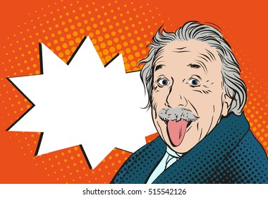 November 14, 2016: Portrait of Albert Einstein. Scientist showing tongue. Vector illustration in retro comic style. Vector pop art background