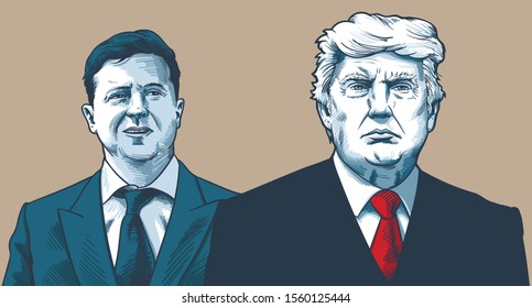 November 14 2019: Donald Trump and Vladimir Zelensky. ector Portrait Drawing Illustration. Editorial illustration 