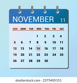 November 14. Flat icon calendar isolated on blue background. Date and month vector illustration