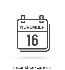 November 16, Calendar icon with shadow. Day, month. Flat vector illustration.