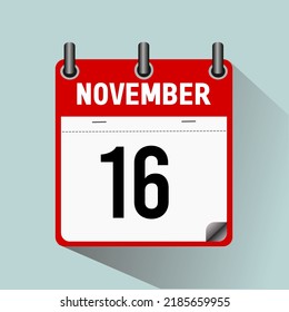 16 de noviembre, ilustración vectorial de icono de calendario, aislada en fondo azul claro.