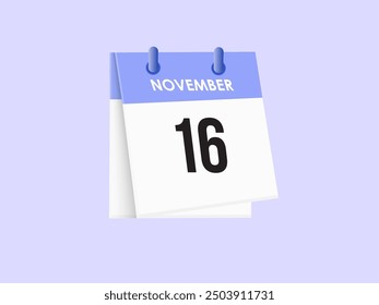 November 16 - calendar and Time planner. Daily Calendar Icon reminder. Vector Illustration.