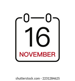 November 16 date on the calendar, vector line stroke icon for user interface. Calendar with date, vector illustration.