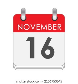 16 de noviembre. Una hoja del calendario inverso con la fecha del 16 de noviembre. Estilo plano.