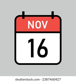 november 16, red and white color calendar page with black outline, calendar date vector illustration