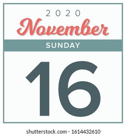 November 16th, 2020. Calendar day icon. Red and grey color.