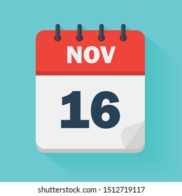November 16th. Daily calendar icon in vector format.  Date, time, day, month. Holidays