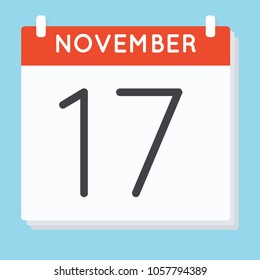 November 17. Calendar icon. Vector illustration in flat design isolated in blue background. Date and time, day, month.