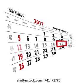 November 17, highlighted on 2017 calendar. Week starts from Sunday. Vector Illustration.