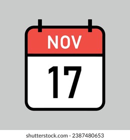november 17, red and white color calendar page with black outline, calendar date vector illustration
