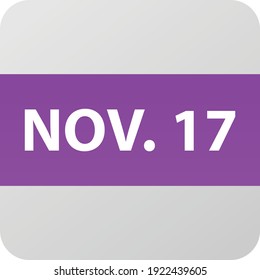 November 17th date icon, single day vector illustration modern flat style. Calendar element for web design, schedule, planner, organizer. 

