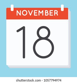 November 18. Calendar icon. Vector illustration in flat design isolated in blue background. Date and time, day, month.
