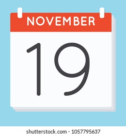November 19. Calendar icon. Vector illustration in flat design isolated in blue background. Date and time, day, month.