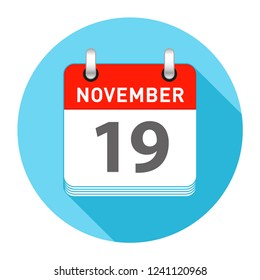 November 19 Date on a Single Day Calendar in Flat Style with long flat shadow on a blue background