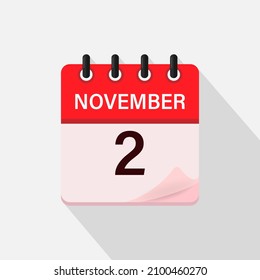 November 2, Calendar icon with shadow. Day, month. Flat vector illustration.