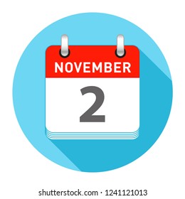 November 2 Date on a Single Day Calendar in Flat Style with long flat shadow on a blue background
