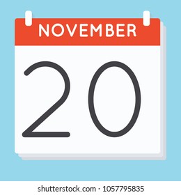 November 20. Calendar icon. Vector illustration in flat design isolated in blue background. Date and time, day, month.